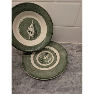 Vintage Royal China Colonial Homestead Green Water‎ Bucket Plate & Small Dish